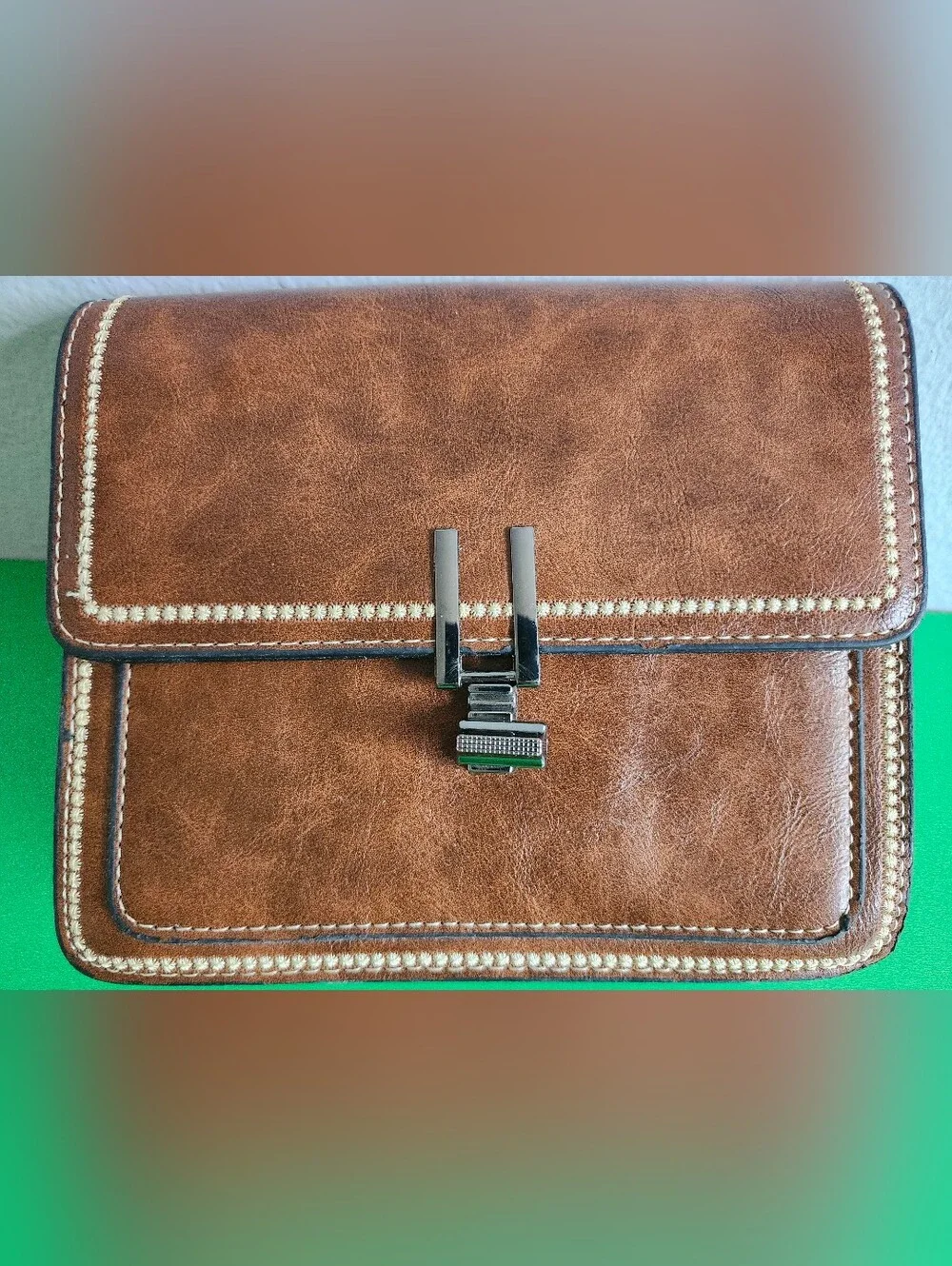 Vintage Faux Leather Mini Square Accordion Handbag Brown (No Strap) Great Shape